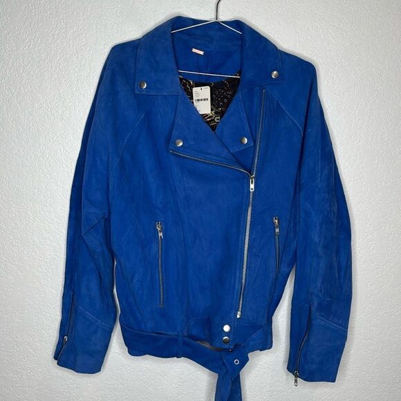 NWT BLUE Free People Drapey Suede Moto Jacket Large - Picture 2 of 16